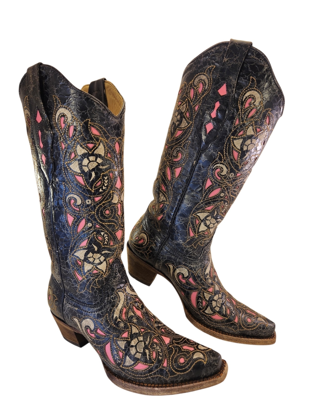 CORRAL WOMEN WESTERN COWGIRL BOOTS DISTRESSED FLORAL INLAY PINK BROWN SIZE 7 M